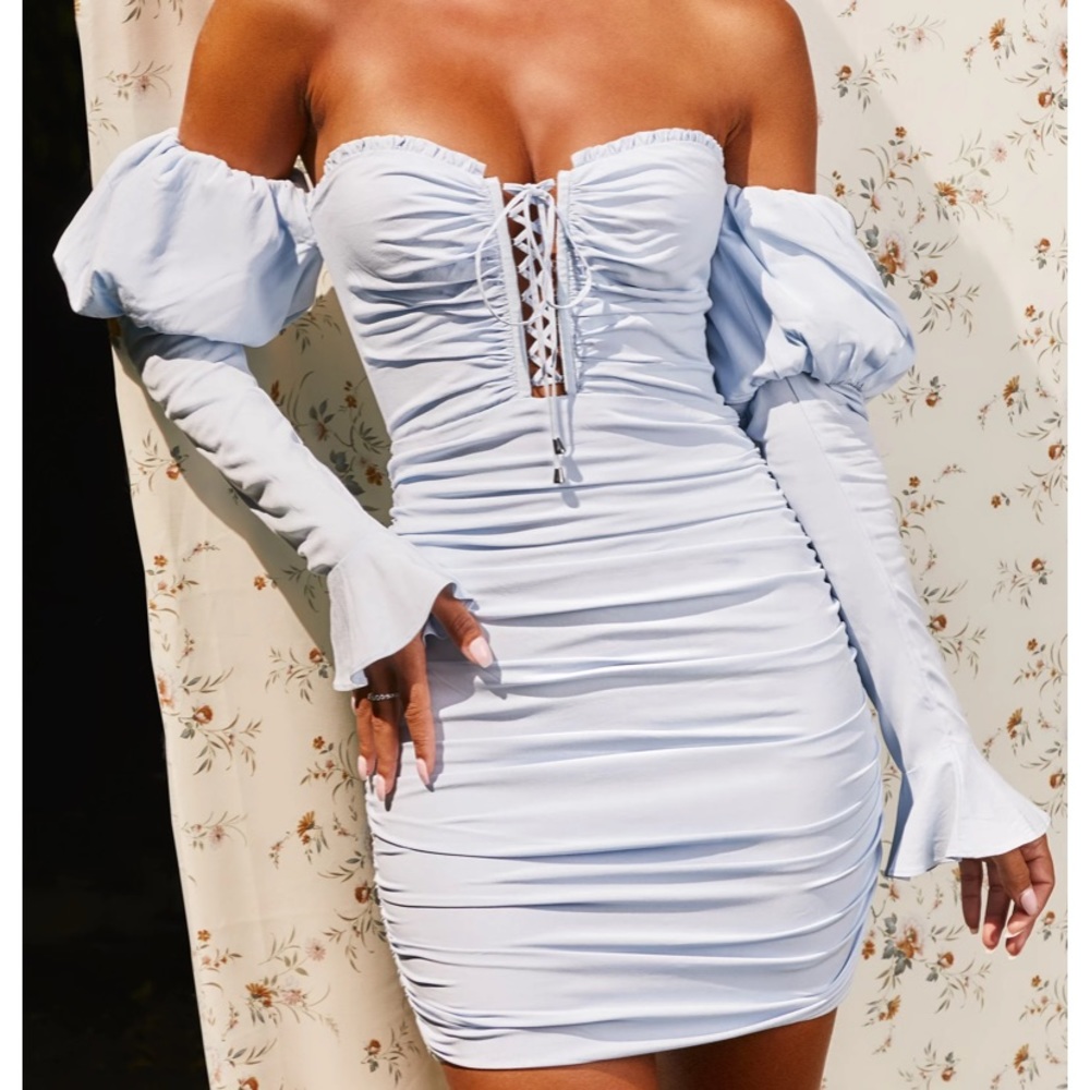 Neverland bardot puff sleeve mini dress